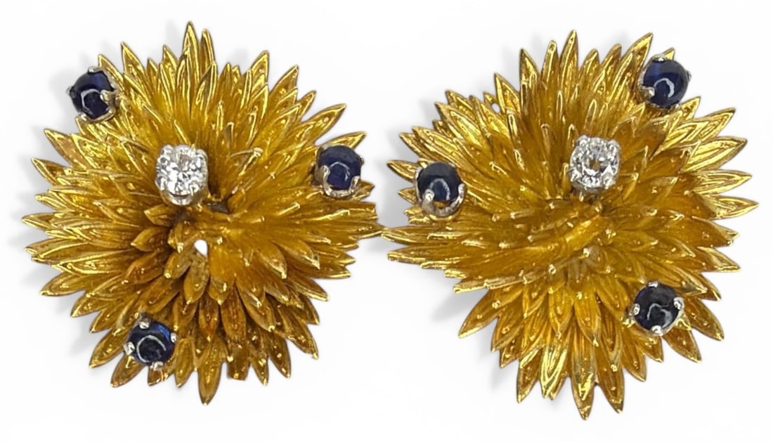 18k Gold Diamond Sapphire Earrings, Vintage: Pierced with additional safety clip, they measure 1" diameter, weigh 18.94 dwt including stones, diamonds measure approx. 3mm, sapphires measure approx. 2mm.
