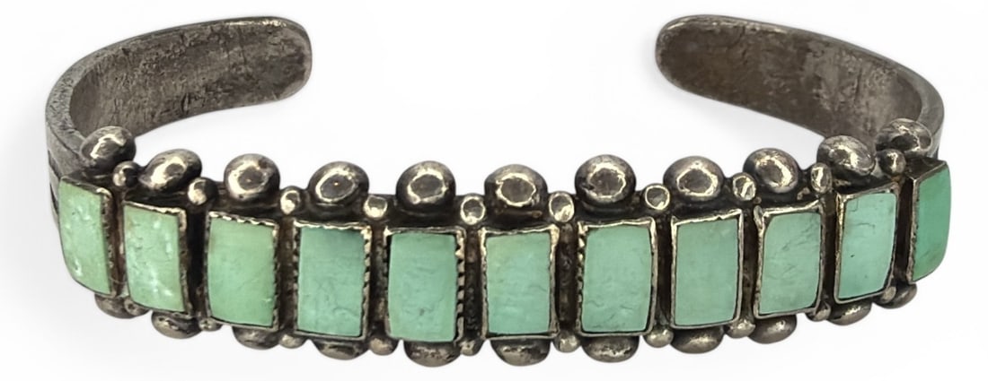 Old Pawn Southwestern Sterling & Turquoise Cuff Bracelet: 2.25" diameter. Cuff is open and can be adjusted, weighs 16.76dwt including stones.