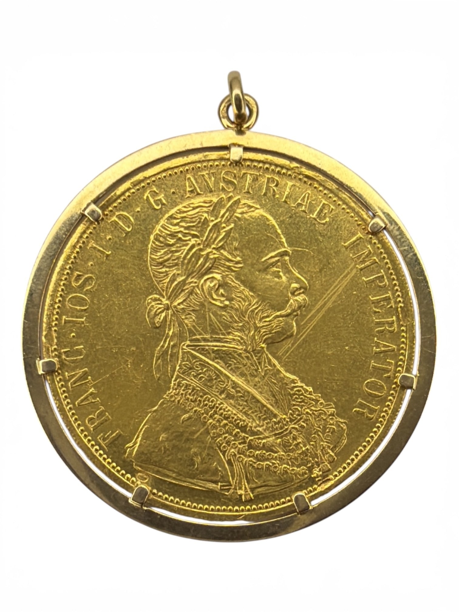 A 1915 Austrian 4 Ducat 23k Gold Coin Pendant: Measures 1.75" diameter, weighs 12.5dwt. Most likely a restrike.