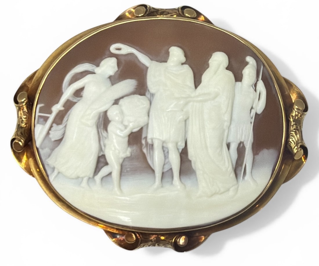 Exceptional 14k Gold Carved Cameo Brooch, Mythological Wedding: Measures 2.25" H x 3.75" W. This Victorian Carved Cameo Brooch depicts a mythological wedding complete with wheat and cupid. Deep relief with exceptionally detailed carving.