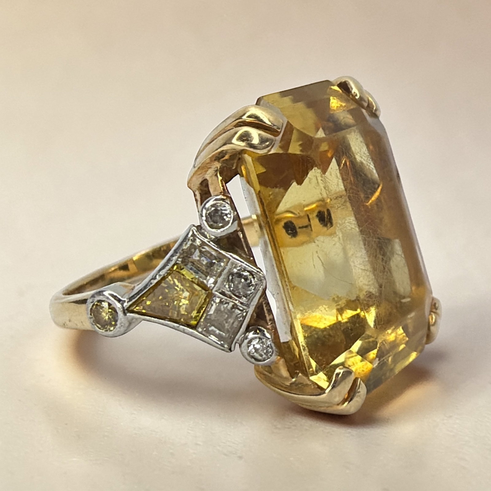 Art Deco 14k Gold, Platinum, Canary & White Diamond Ring: Small round canary diamonds are 2mm in diameter or .03 carats, kite shaped canary diamond is 5mm H x 3mm W or approx. .20 carats, small emerald cut diamonds are 3mm x 2mm or .10 carats, large citrine