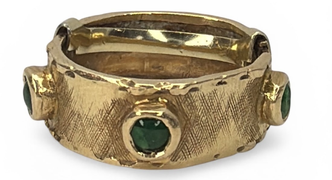 14k Yellow Gold Emerald Cabochon Ring: Reads as a size 3 with sizing beads and guard, weighs 3.4dwt including stones.