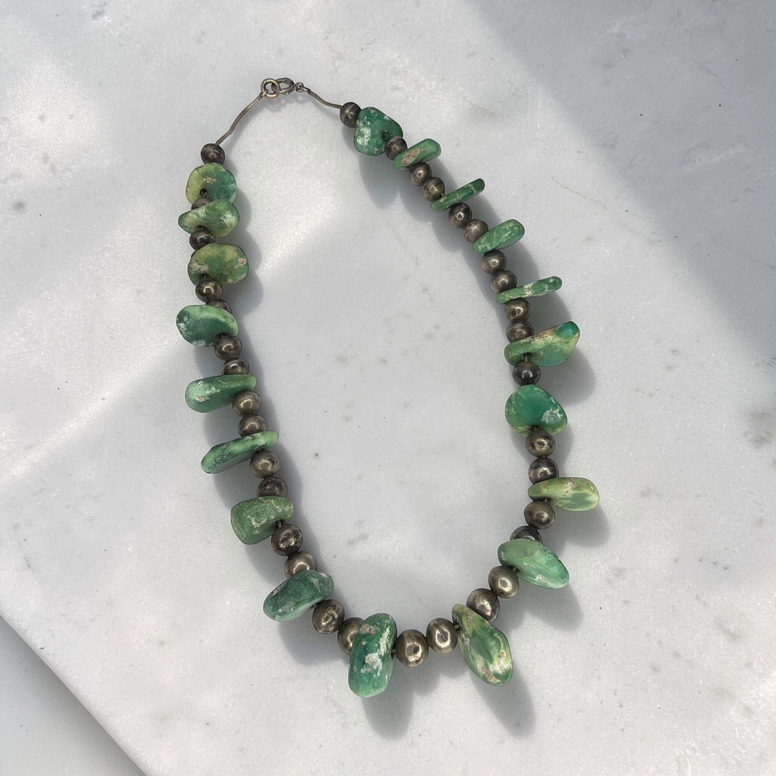 Old Pawn Southwestern Sterling Silver & Turquoise Necklace: 16.5" total length. Sterling Silver and Turquoise, weighs 1.79ozt including stones.