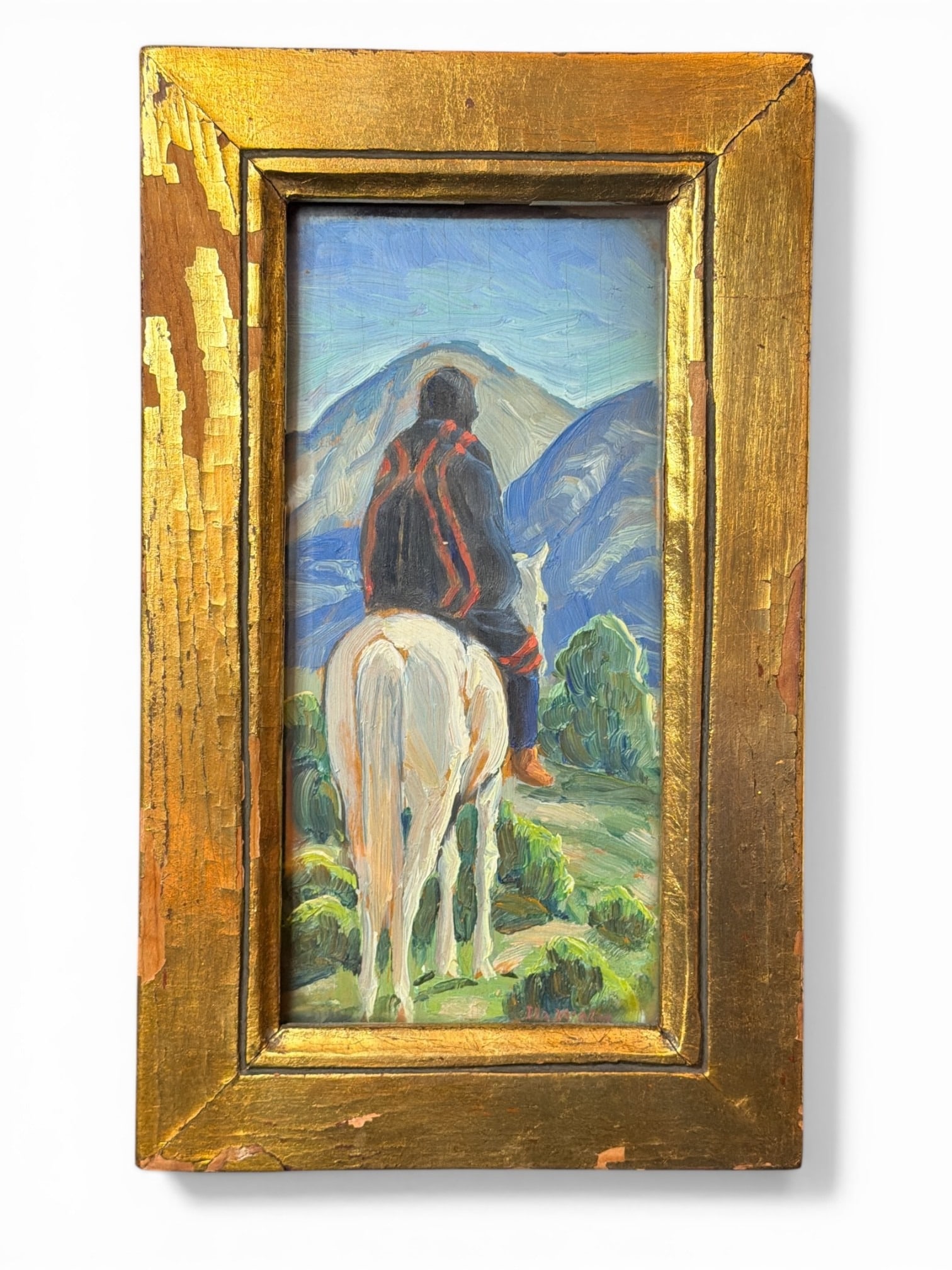 ILA MCAFEE (American 1897-1995) Taos Indian on Horseback Oil Painting: Measures 8.75" x 5.5" x 1" D, sight measures 6.5" x 3". Signed in the lower right corner, oil on board. Ila Mae McAfee (1897-1995) was an American painter, muralist, and illustrator celebrated for