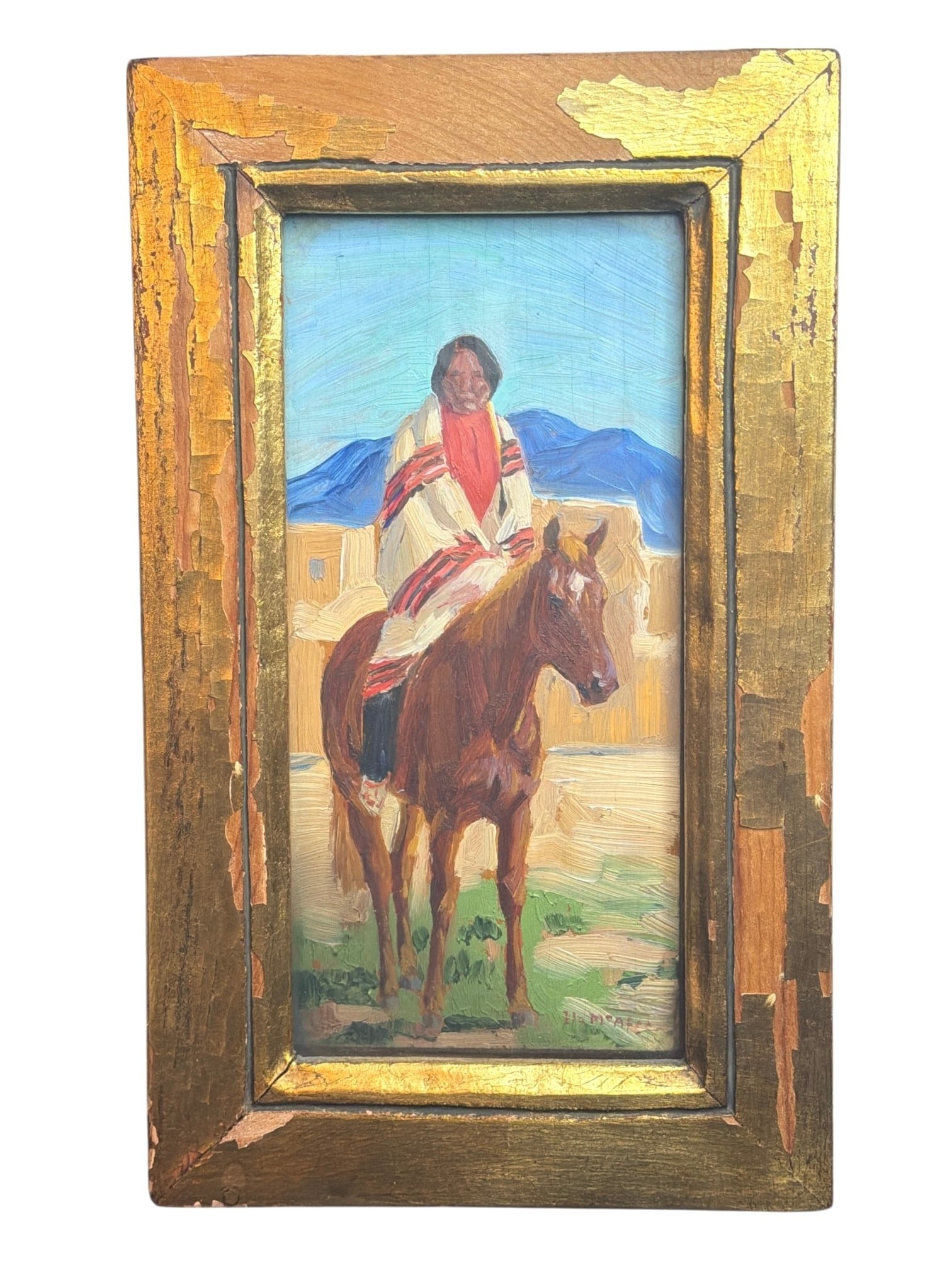 ILA MCAFEE (American 1897-1995) Taos Indian on Horseback Oil Painting: Measures 8.75" x 5.5" x 1" D, sight measures 6.5" x 3". Signed in the lower right corner, oil on board. Ila Mae McAfee (1897-1995) was an American painter, muralist, and illustrator celebrated for