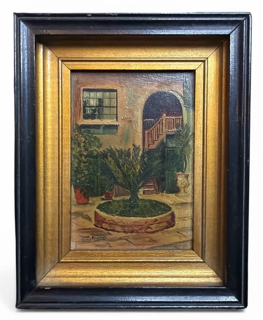 VIVIAN ADORNO Miniature Courtyard Oil Painting: Measures 6" H x 4.75" W in frame.