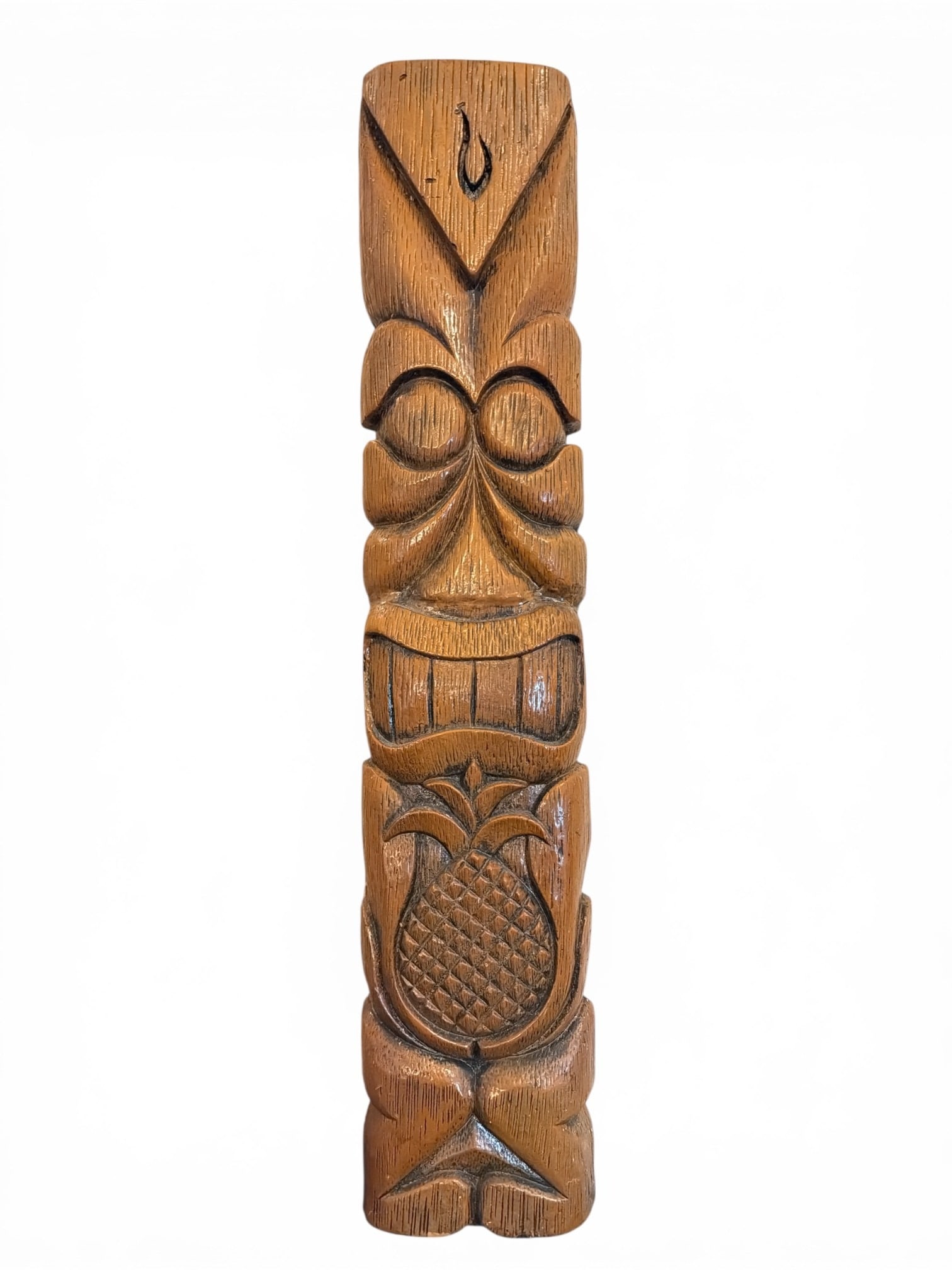 Mid Century Carved Wood Tiki Wall Hanging: Measures 30" H x 6" W x 2" D.