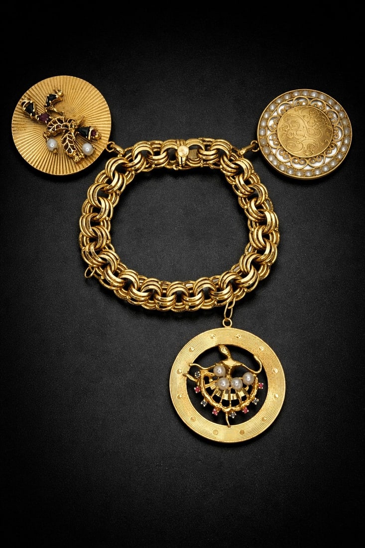 A 14k Gold, Pearl, & Multigem Victorian Charm Bracelet: Measures 7.5" total length, weighs 2.68ozt including all stones. 14k gold bracelet includes pearls, citrine, malachite, sapphires, ruby, and amethyst.