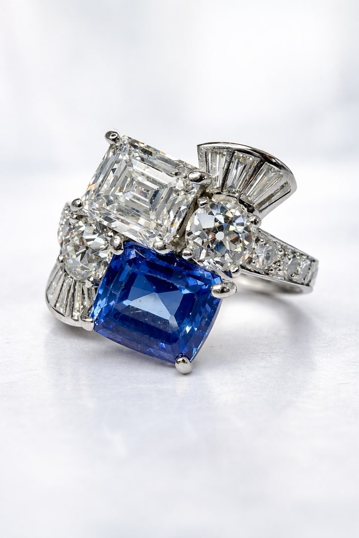 A Platinum, Diamond, & Sapphire C.D. Peacock Ring: Reads as a size 5.5 but can fit a size 7 finger comfortably. Large Emerald Cut Diamond is approx. 7mm x 6mm or 1.5 carat, sapphire 8mm x 6mm or 1.75 carats. The larger round cut diamonds are approx. 4