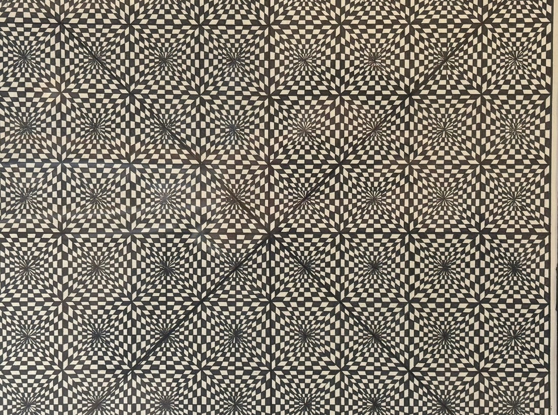 Black & White Psychedelic Op Art: Ink on paper. Signed Lori 2013. Measures 27" H x 21" W x 1" D in frame.