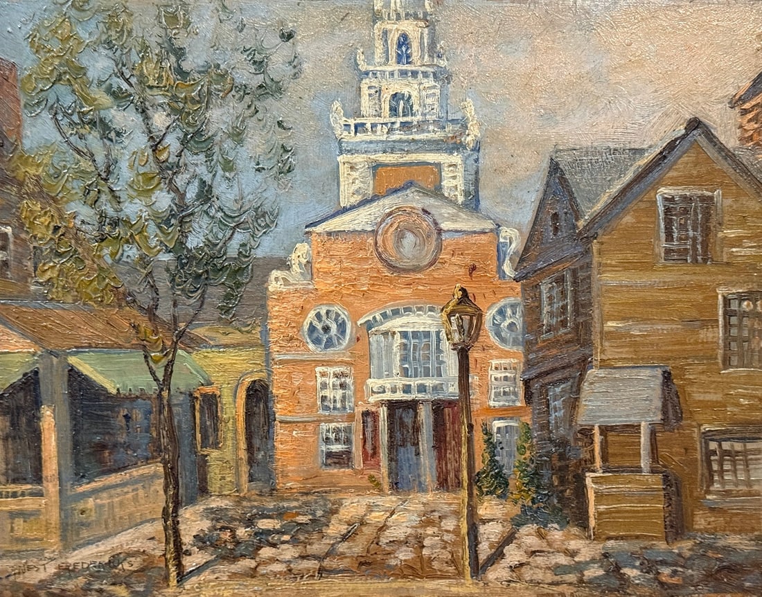 ERNEST FREDERICKS (1877-1957 Danish/American) City Square Oil Painting: Measures 13.75" x 16.75" x 1" D in the frame, sight measures 10.75" x 13.5". Oil on Board, signed in the lower left corner.