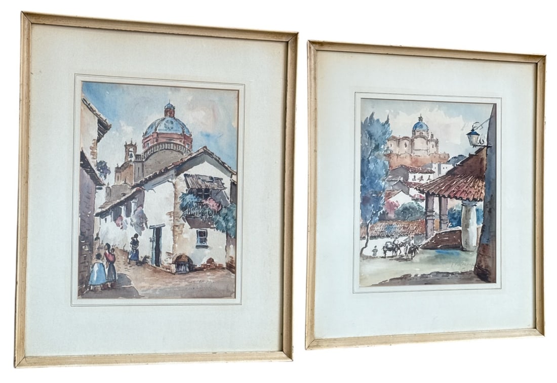 Two FIDEL FIGUEROA Taxco, Mexico Watercolor Paintings: Both measure approx. 17" H x 14" W x 0.75" D. Sight measures 10.5" H x 8" W. Both signed in lower right hand corner.