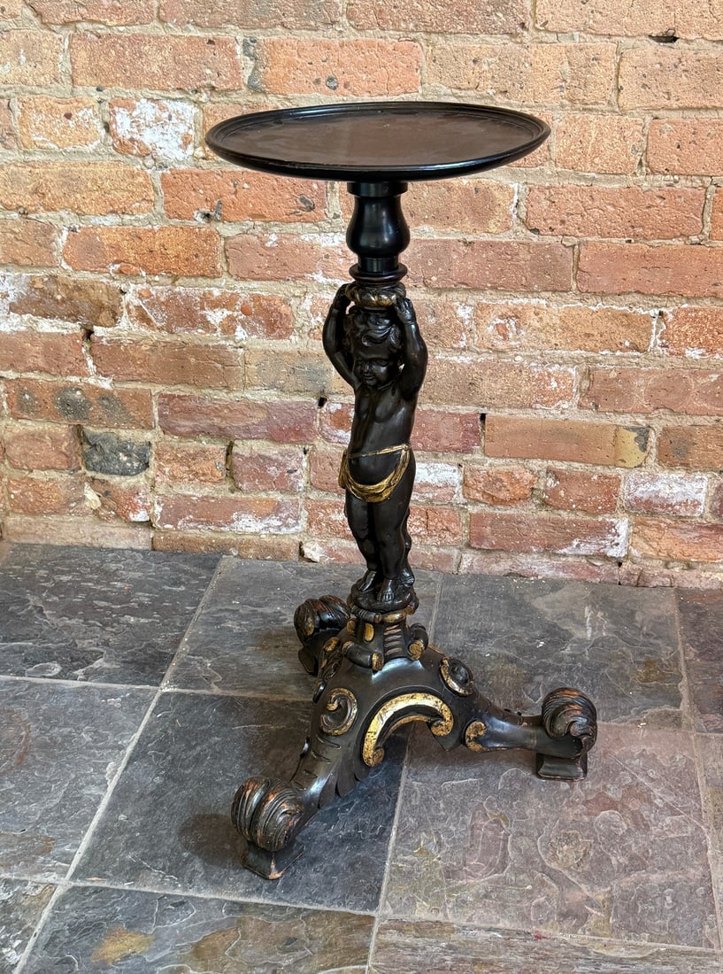19th C Italian Full Body Cherub Pedestal Table: Measures 26.25" H x 11" diameter x 15.5" diameter at base.