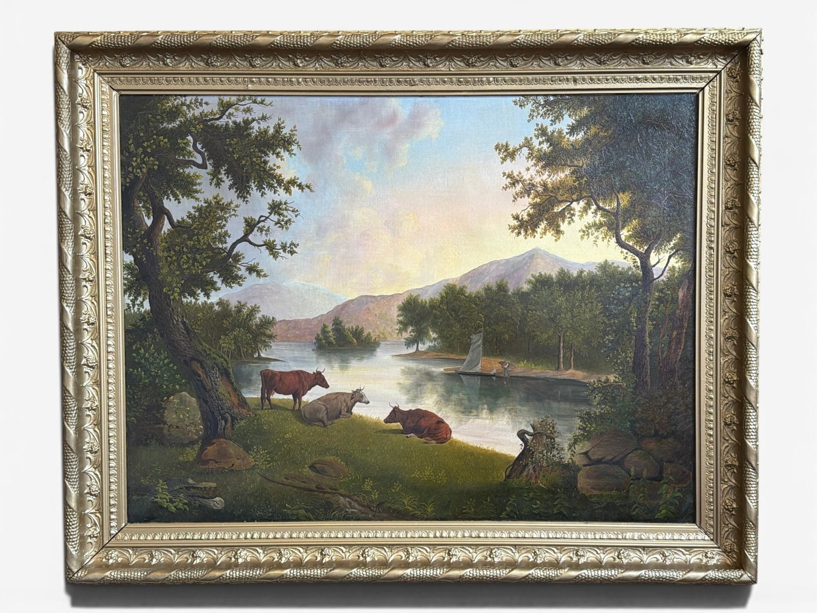An 1870s Pastoral Cow Oil Painting, NANCY BENNETT (American, Michigan, 1821-1880): Oil on Canvas. Depicts a pastoral scene with cows grazing. Measures 34.5" x 43.5" x 2.5" D in the frame, sight measures 26.5" x 36".