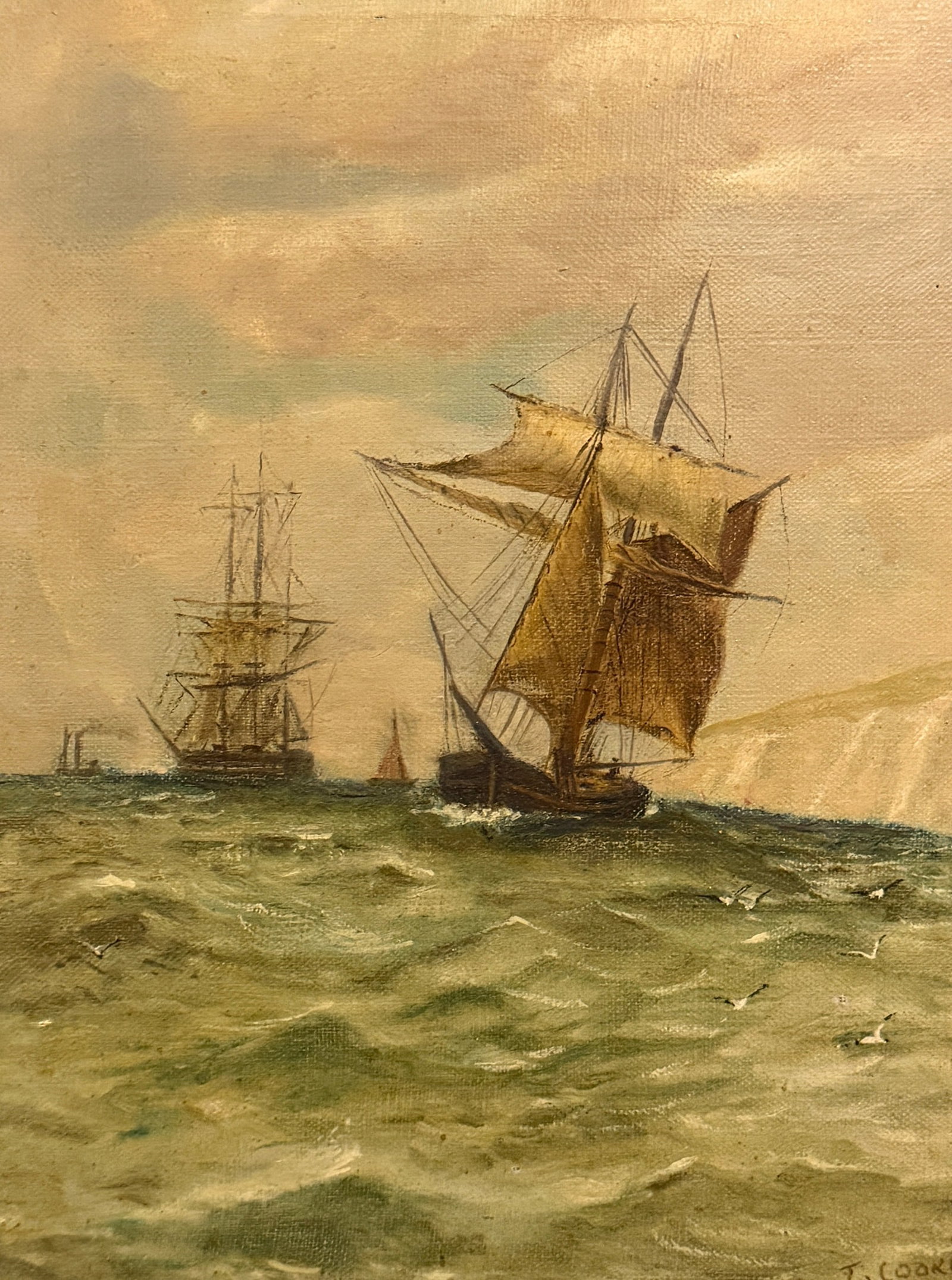 19th C. Sail Ships Nautical Oil Painting, Signed T. COOKE: Oil on canvas. Measures in frame 17" x 13.75" x 1" D, sight measures 12.5" x 9.5". Signed "T. Cooke" lower right.