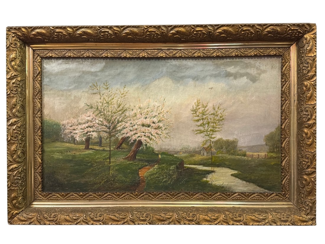 19th C. Oil Painting, Landscape w/ Cherry Blossom Trees: Unsigned, Oil on Canvas. Measures 22" x 33.75" x 3" D in the frame, sight measures 15.5" x 27.5". Similar to works by Carl Weber.