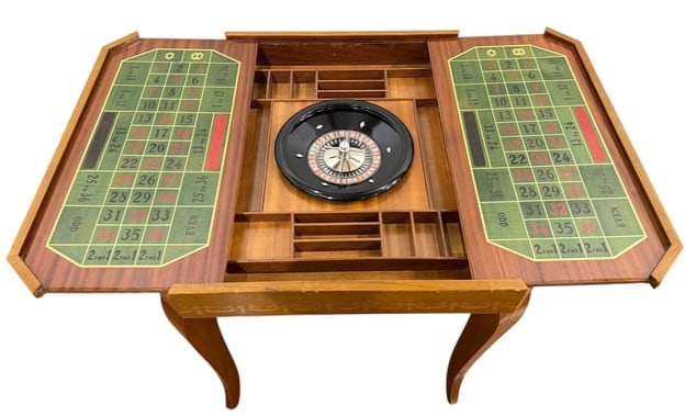 Italian Inlaid Multi Game Table; Roulette, Chess: Intricately inlaid Italian game table with a chessboard on the underside of the table top and a roulette wheel. Measures 30" H x 45.5" W when open, 28.75" W when closed x 29" D.