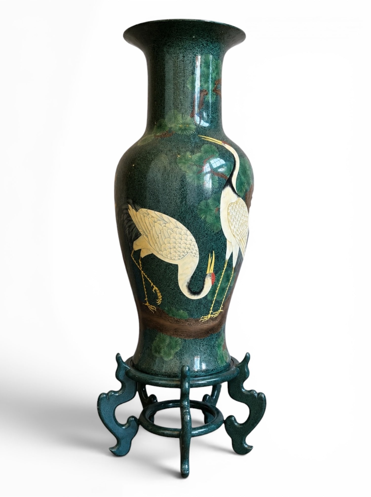 4 FT. Chinese Heron Floor Vase: Measures 47" H on the base, 36.5" H without base x 16" overall diameter, 13" diameter at the top.