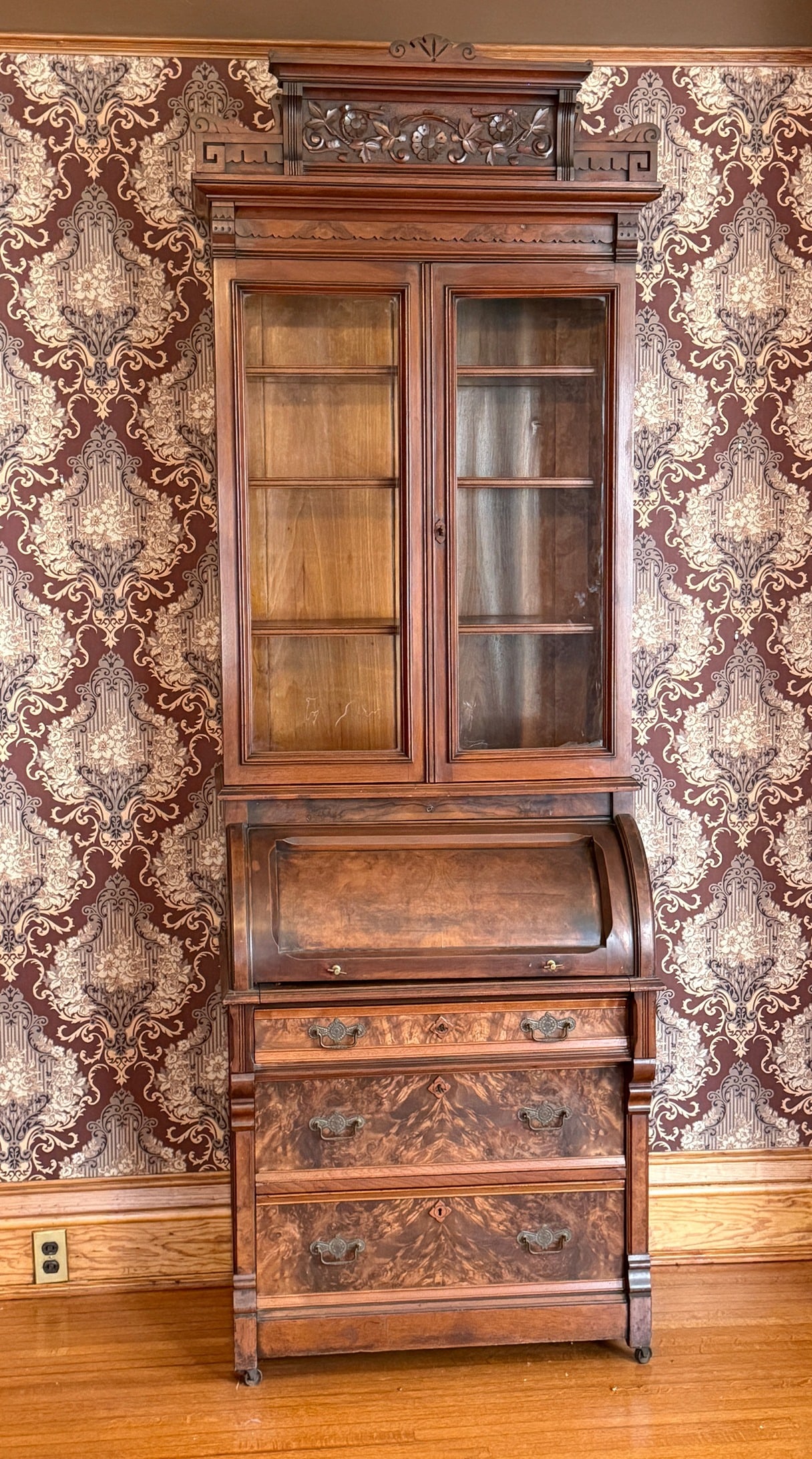 Early 1900's Victorian Cylinder Secretary Desk: Measures 96.5" H x 32" W x 20.5" D.