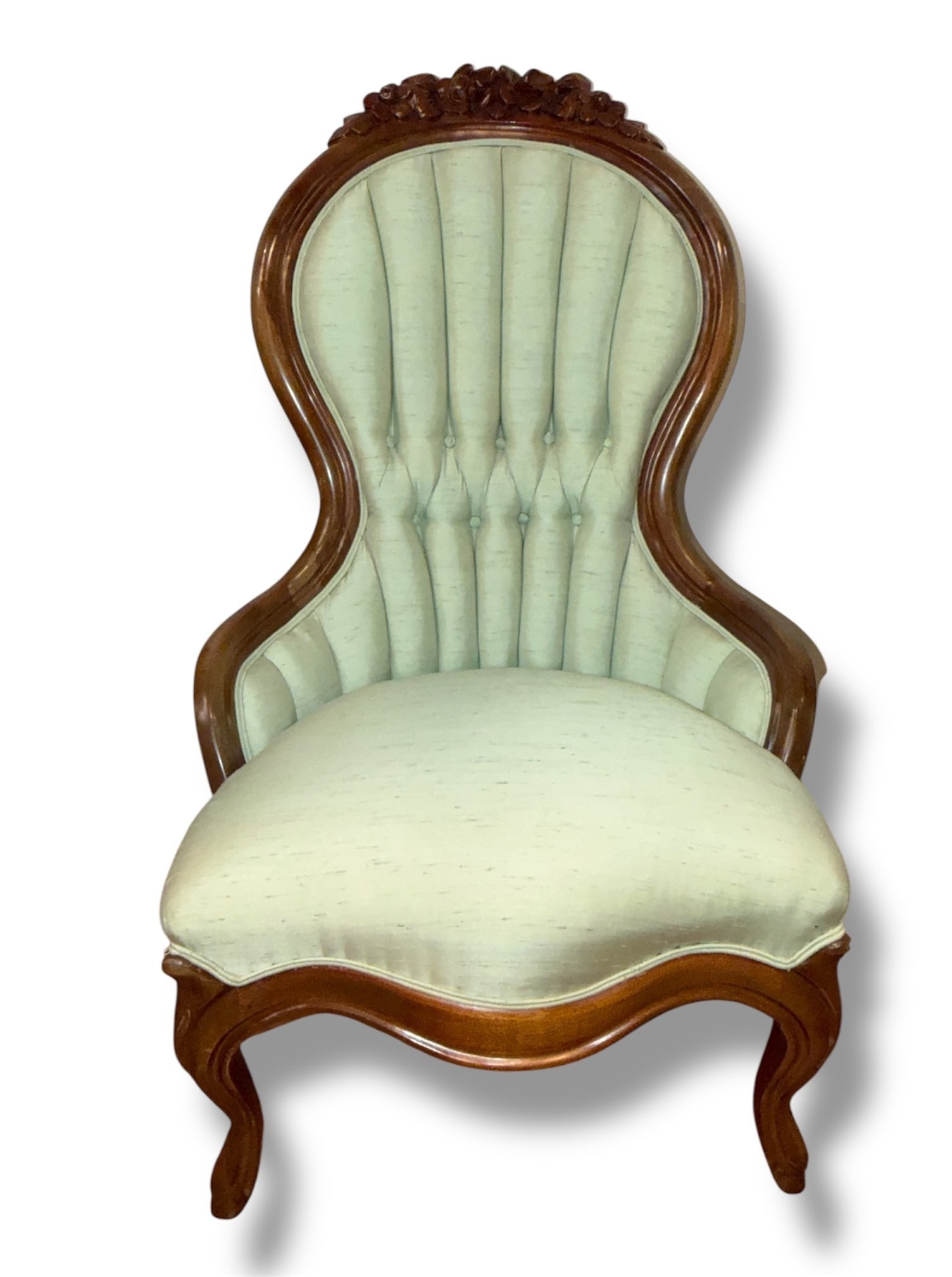 Victorian Rococo Revival Parlor Chair: Measures 40" H to the back, 14" H to the seat x 25.5" W x 30" D. Mint green upholstery.