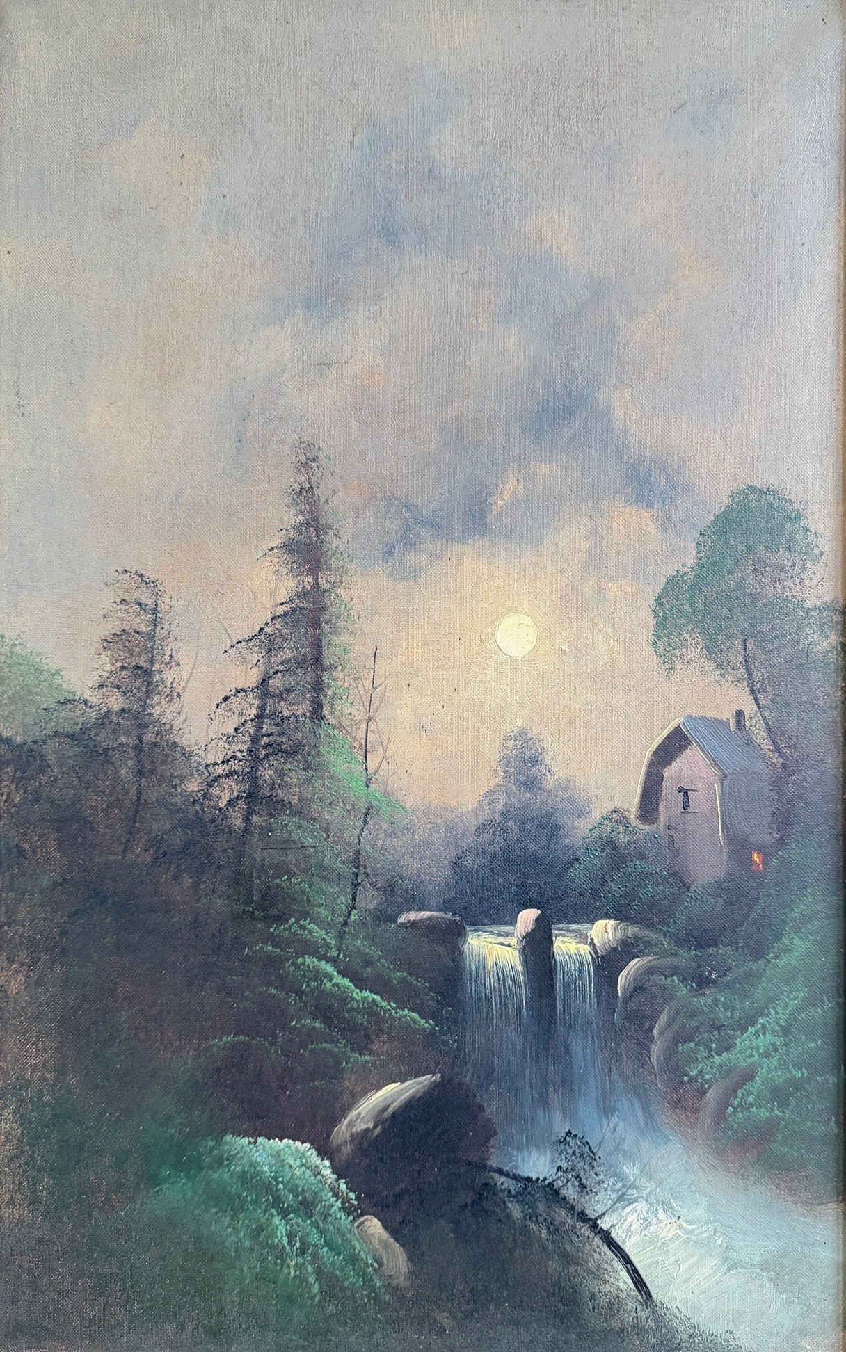 A 19th C. Oil Painting of Waterfall: Acrylic on Canvas, unsigned. Depicts a cabin atop a waterfall. Measures 33" x 25" x 3" D in the frame, sight measures 21.75" x 13.5".
