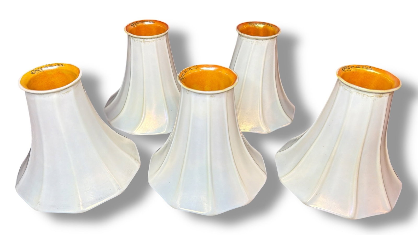 Five QUEZAL Iridescent Art Glass Shades: All are signed, each measures 5" H x 5.5" total shade diameter, fitter 2.25" diameter.
