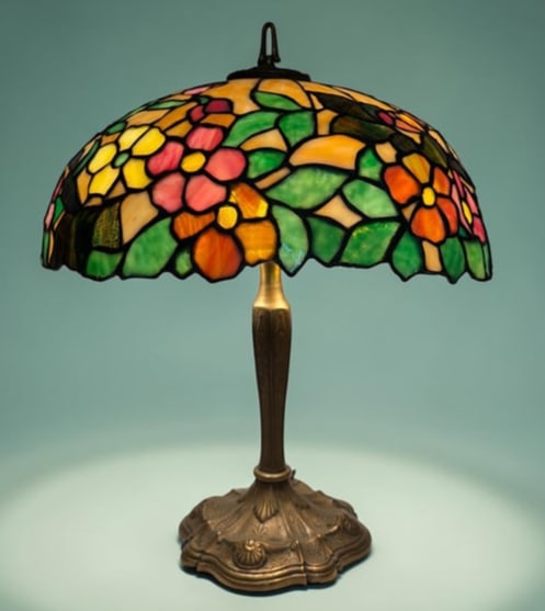 Art Nouveau Style Stained Glass Lamp: Measures 22" H x 18" shade diameter x 9" diameter at the base.