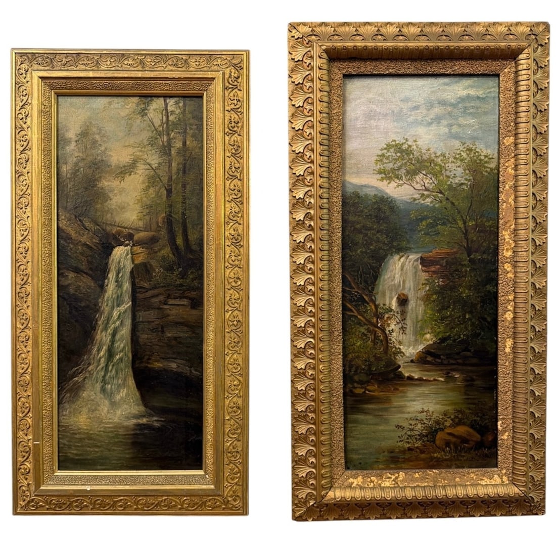 Two 19th C. Waterfall Oil Paintings: The larger piece is oil on board, the smaller is oil on canvas, both are unsigned. The larger measures 27" x 14.25" x 1.5" D in the frame, sight measures 21.25" x 8.5". The smaller measures 25.25" x 1