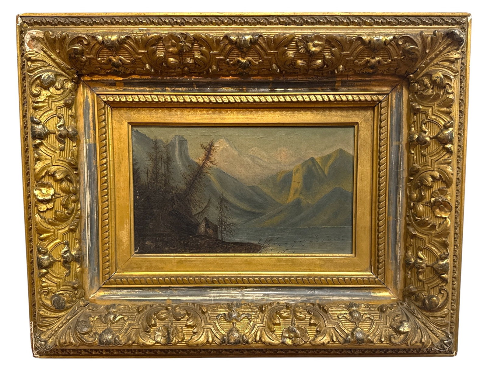 19th C. Mountain Landscape Oil Painting: Unsigned, oil on board. Measures 15.5" x 18.5" x 3" D in the frame, 5.75" x 9.5".