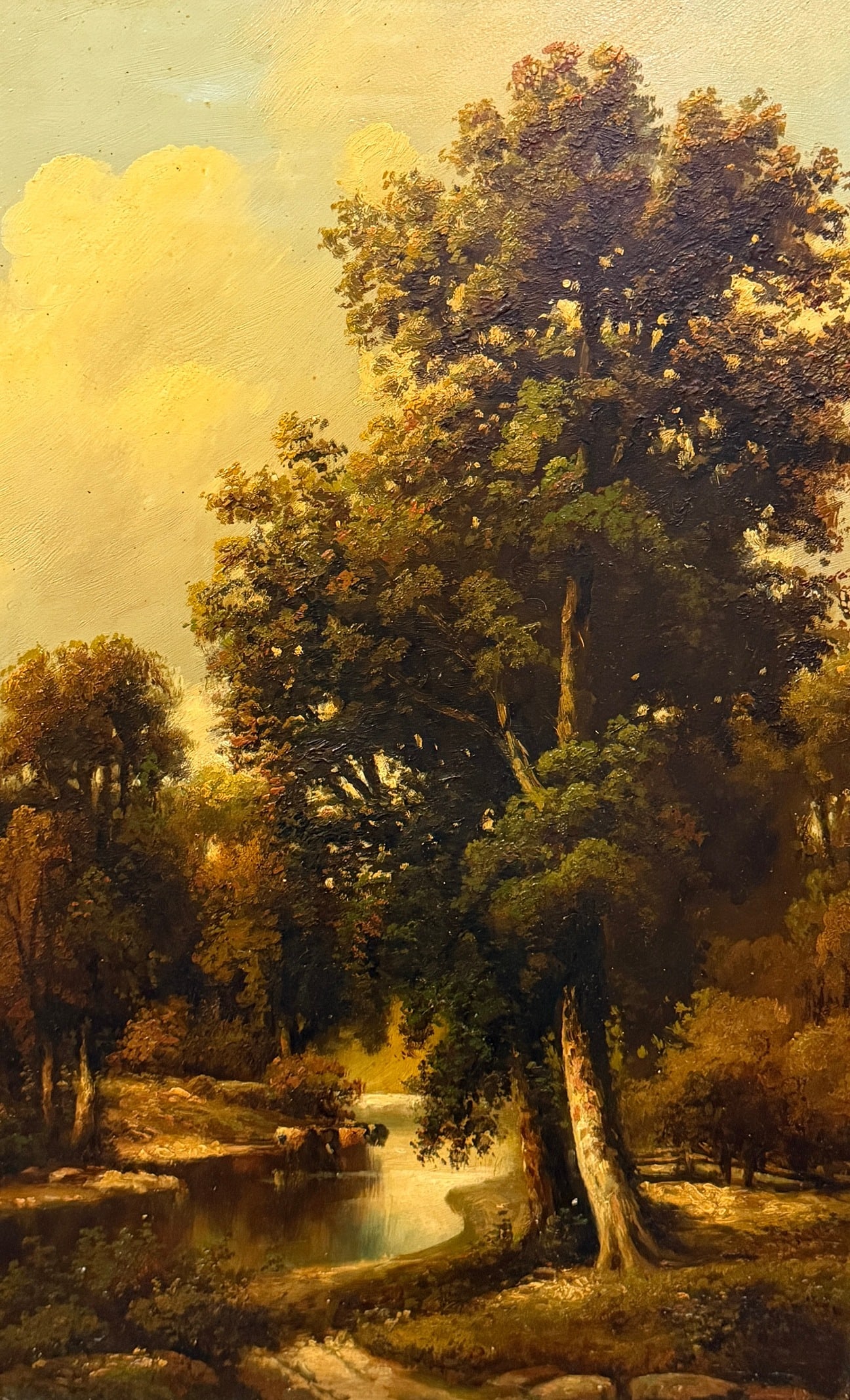 19th C. River Bank Landscape Oil Painting: Unsigned, oil on board. Measures 22.75" x 16.25" x 2" D in the frame, sight measures 18" x 11.5".
