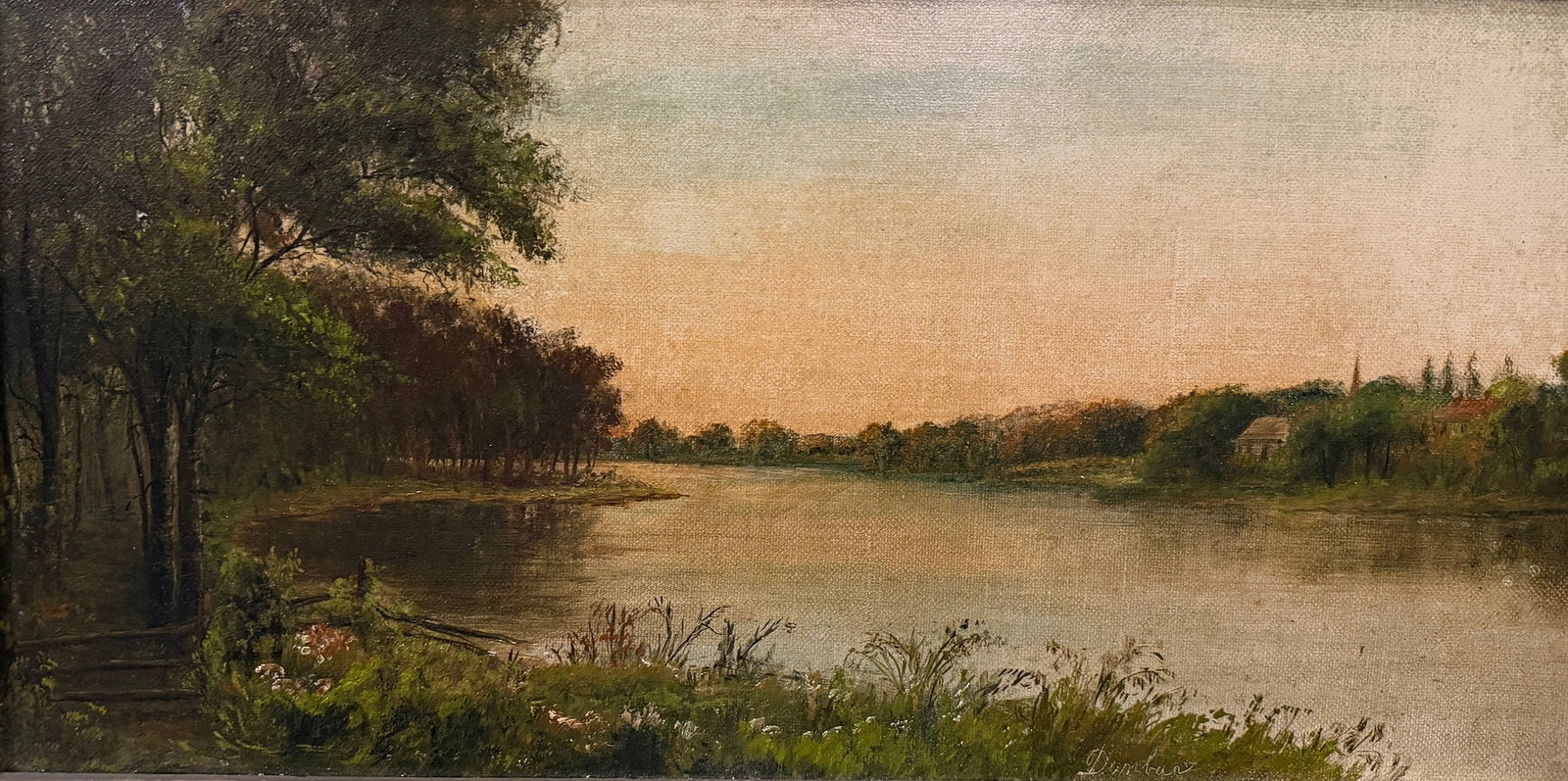 19th C. River at Sunset Landscape Oil Painting, DUNBAR: Signed in the right center corner, oil on canvas. Measures 14.25" x 23.75" x 1.25" D in the frame, sight measures 9.5" x 19".