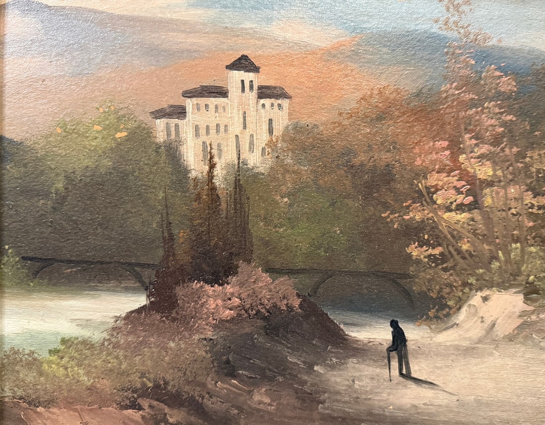 19th C European Landscape, Castle: Measures 12.25" x 14" x 1.5" D in the frame, sight measures 7.5" x 9.5".