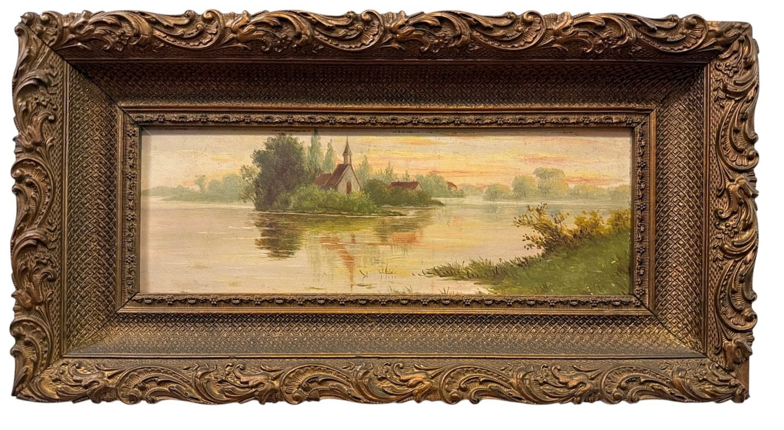 19th C. Lakeside Landscape Oil Painting: Oil on board. Measures 9" 16.5" x 1.75" D in the frame, sight measures 4" H x 11.75".