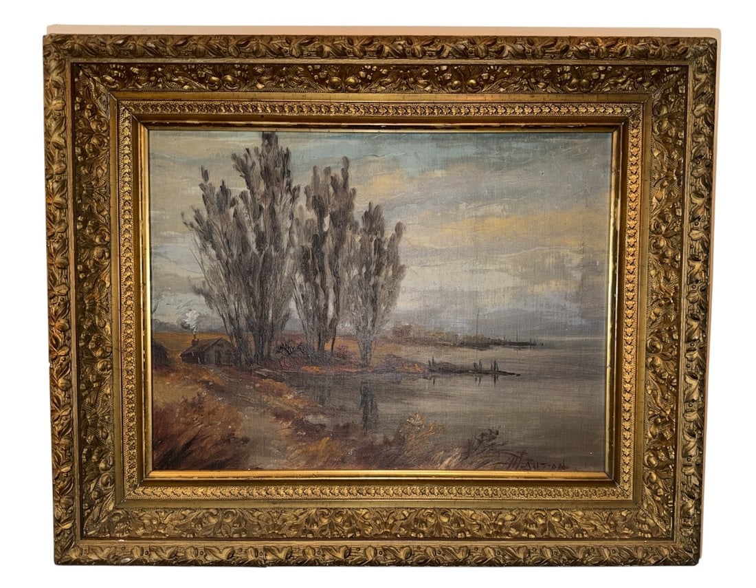 HENRY HOLDEN LAUZON (Canadian/American, 1871-1945) Lakefront Scene Oil Painting: Oil on board. Signed H.H. Lauzon in lower right hand corner. Measures 16.5" x 20.5" x 2.5" D.Sight measures 11.5" x 15.5".