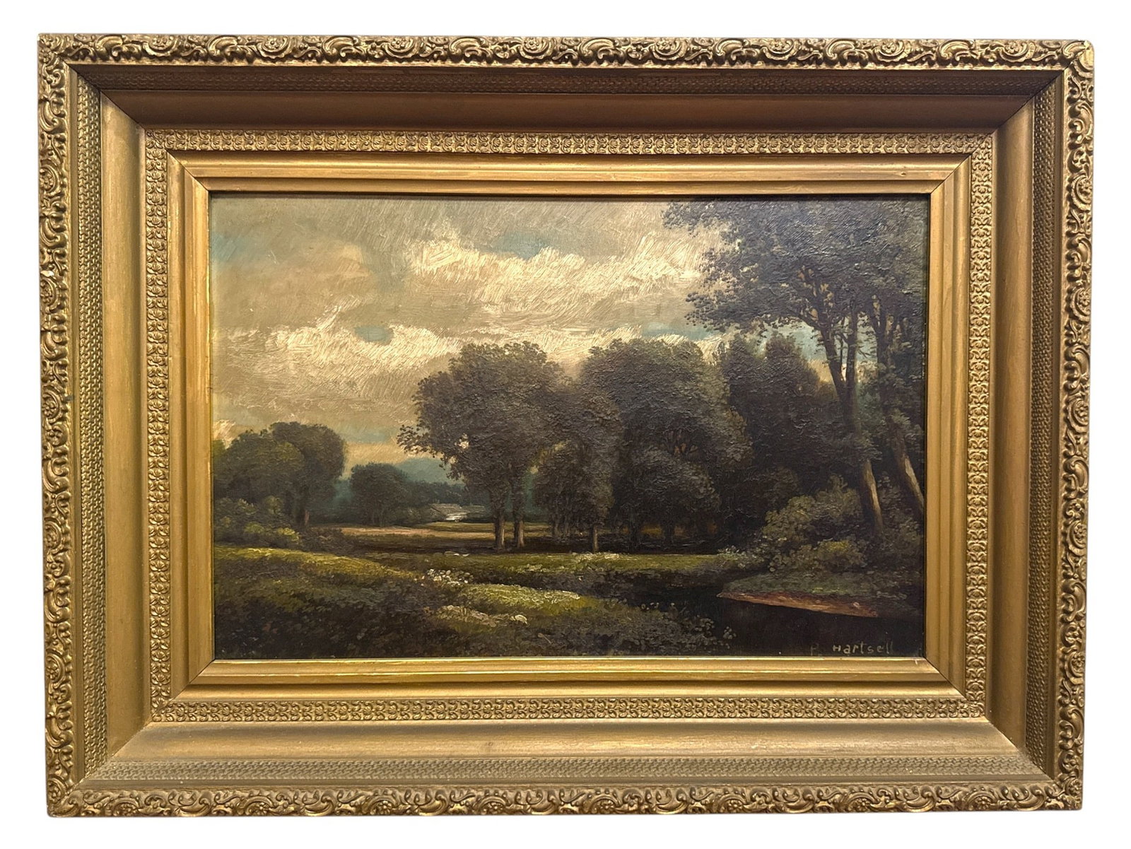 19th C. French Countryside Oil Painting, P. HARTSELL: Oil on board, signed in lower right corner. Measure 18" x 24" x 2.5" D in the frame, sight measures 11.5" x 17.75".