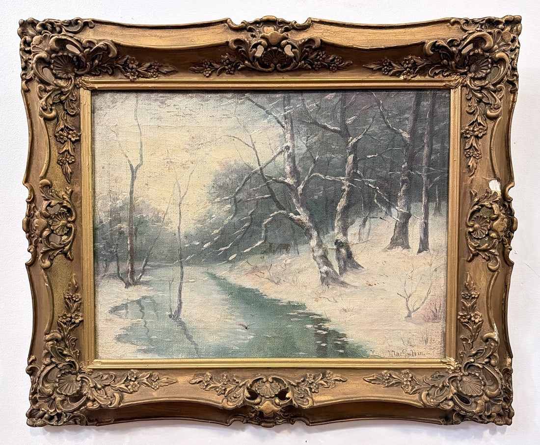19th C Winter Creek Oil Painting, MACGUFFIN: Oil on canvas. Signed Macguffin in lower right corner. Measures 19.25" x 23.5" x 2"D. Sight measures 12" H x 16.5".