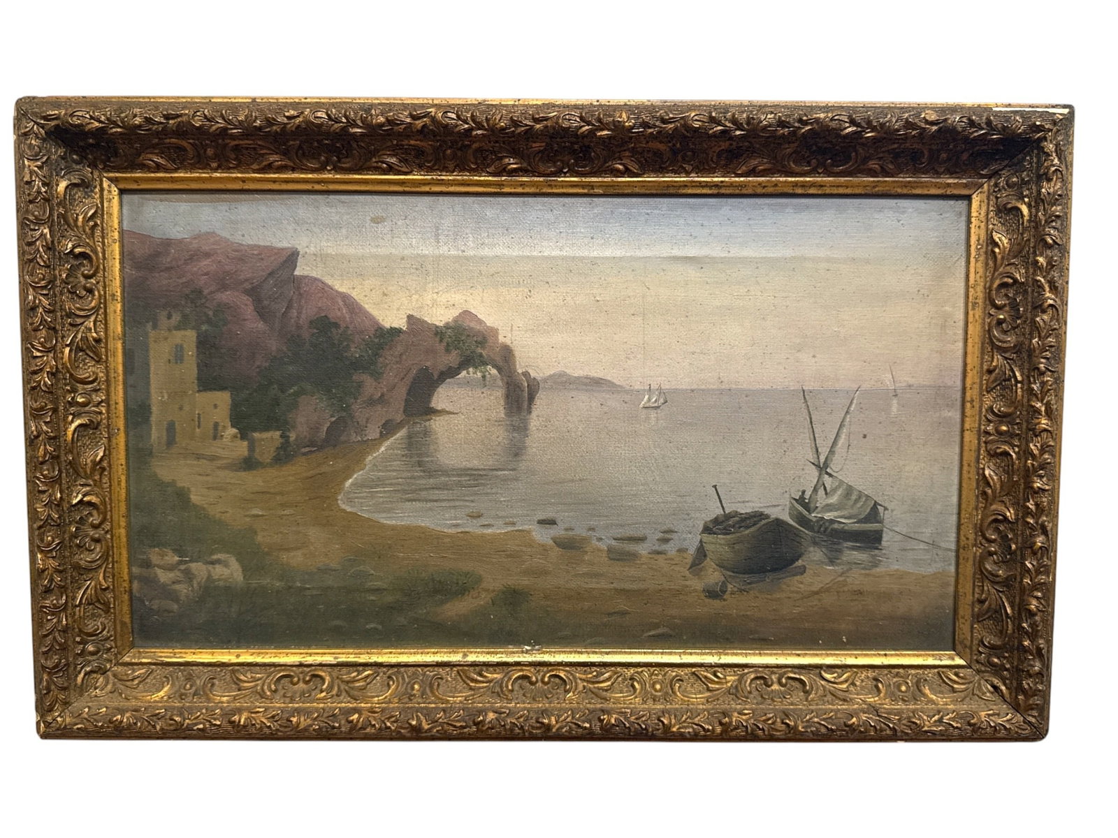 19th C Oil Painting Ocean: Oil on canvas, unsigned. Measures 13" x 21" x 1.5" D in the frame, sight measures 9.75" x 17.75".