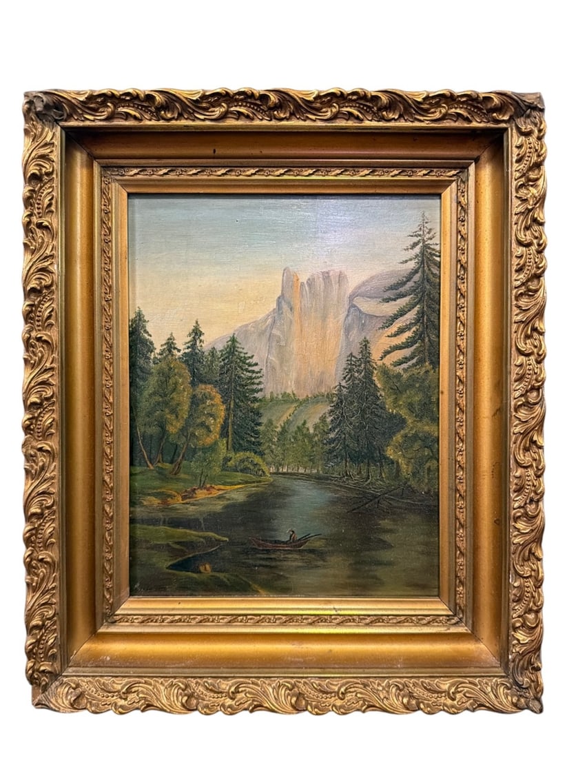 19th C. River Scene Oil Painting, Fishing at Yosemite (1 of 3)