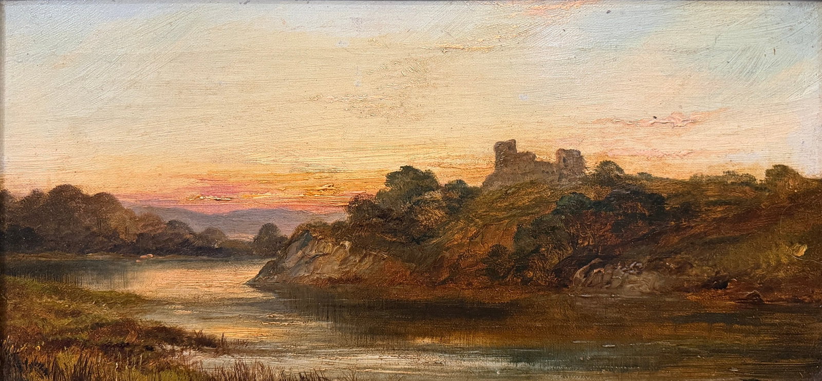 19th C. Sunset River Landscape Oil Painting, Attr. JOSEPH HORLOR: Unsigned, oil on canvas. Measures 11.5" x 19.5" x 1.5" D in the frame, sight measures 7" x 15.25".