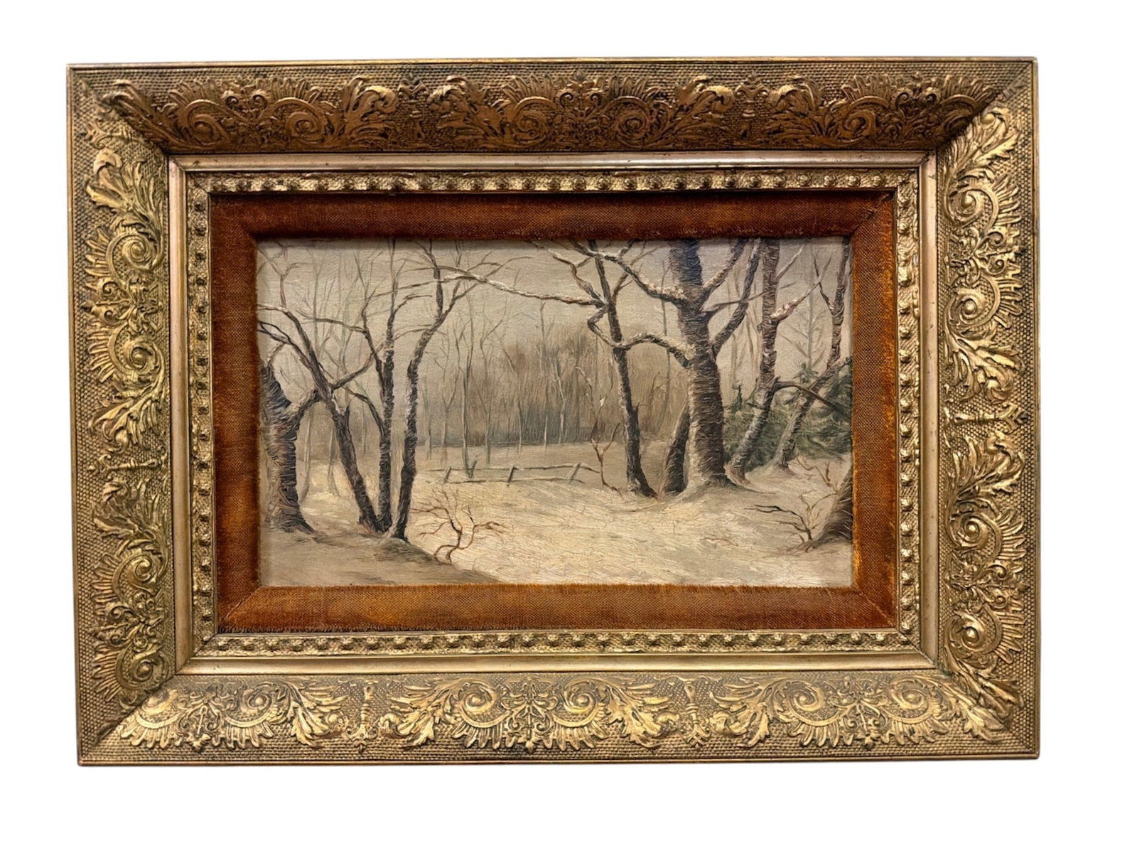19th C. Winter Forest Scene Oil Painting: Oil on Canvas, unsigned. Measures 12" x 16.75" x 2" D in the frame, sight measures 6.25" x 11.5".