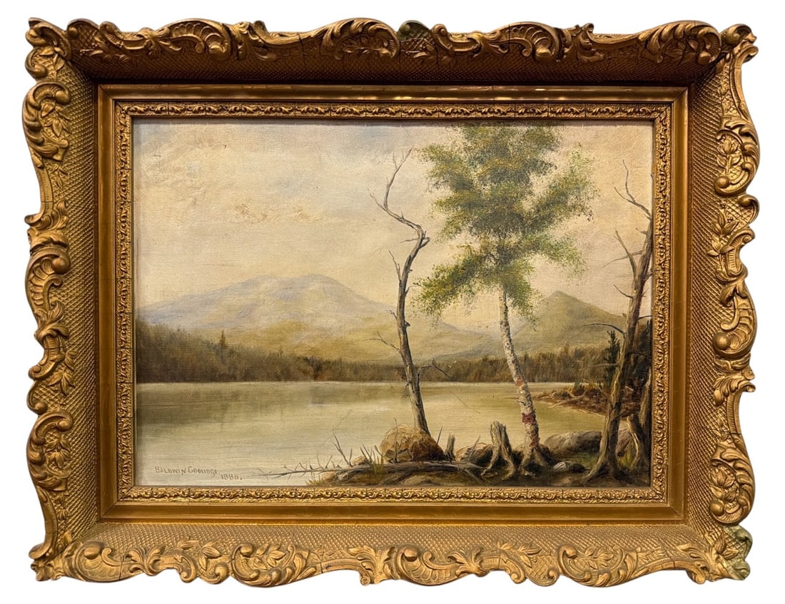 Late 19th C. BALDWIN COOLIDGE (American, 1845-1928) Lakefront Oil Painting: Oil on canvas. Signed Baldwin Coolidge and dated 1880 in lower left hand corner. Measures 14.25" x 18.25" x 2.5" D in the frame, sight measures 9.75" x 13.5".