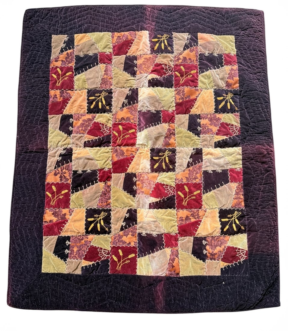 Velvet Patchwork and Embroidery Crazy Quilt: Measures 56.5" x 47".
