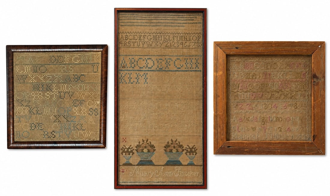 Three 19th C. Needlework Samplers: The largest measures 18" x 9.25" and features the alphabet, numbers, and flowers, dated 1838?. The pine framed piece is dated 1822, measures 10.75" x 10.5" and features the alphabet and numbers. The t