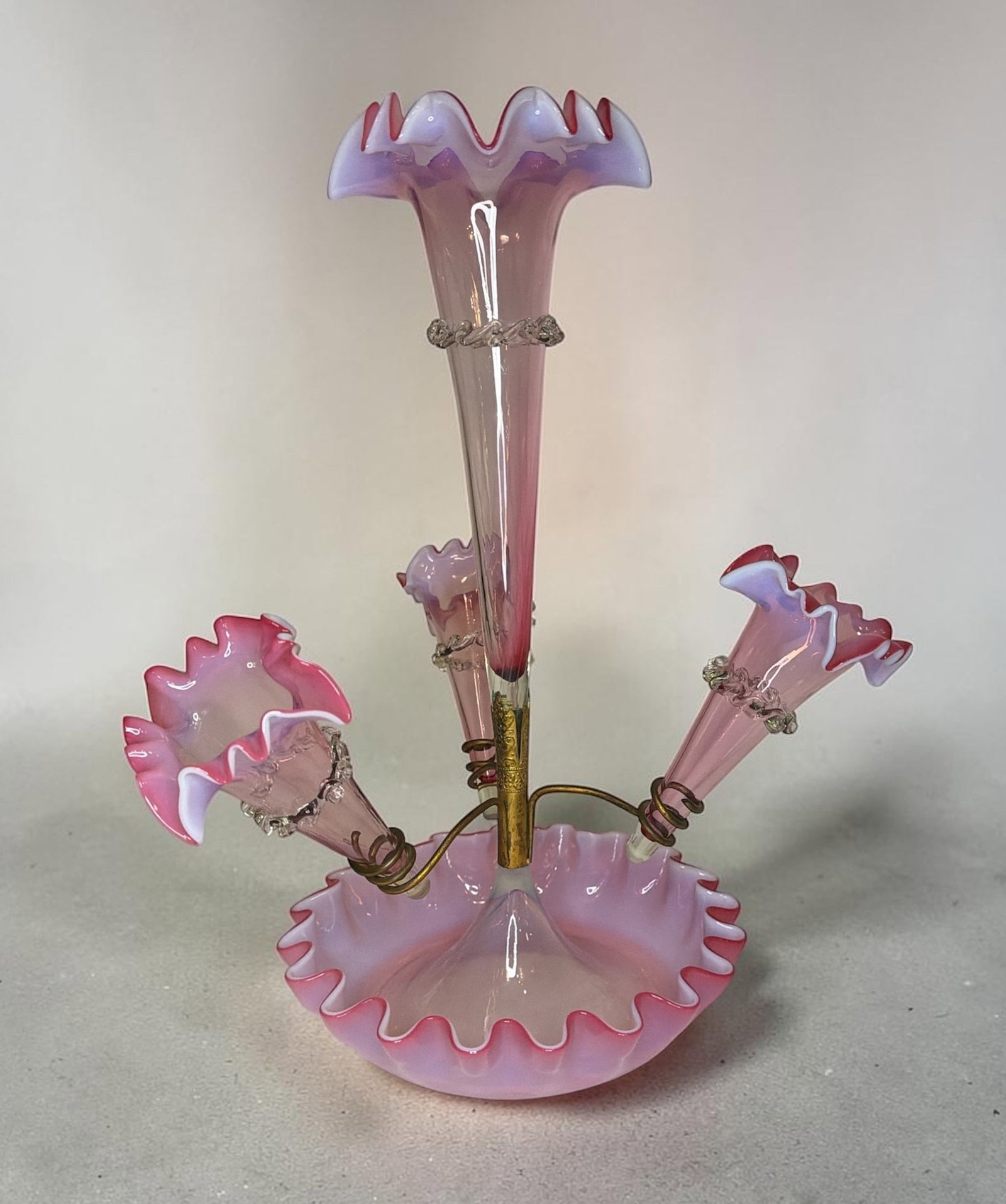 Victorian Pink Cranberry Art Glass Epergne: Measures 17" H x 9.5" diameter at the base, total diameter of 14".