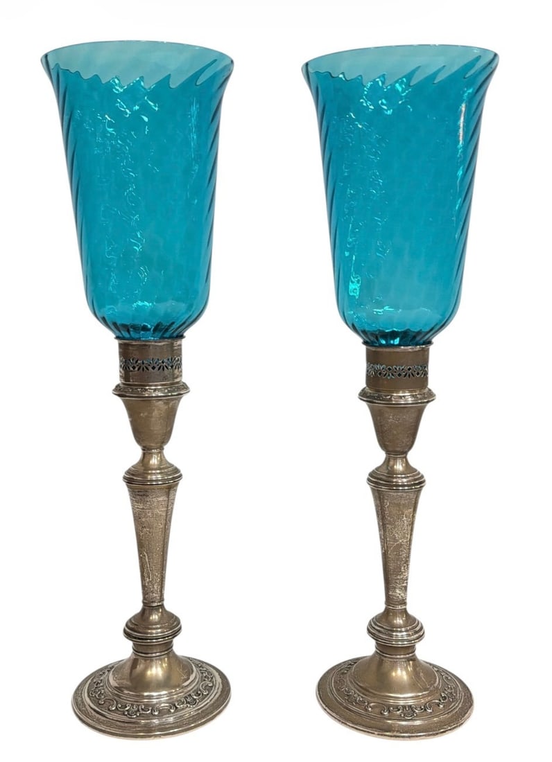 GORHAM Sterling Silver Weighted Candlestick Holders, Pair: Each measures 10.5" H x 4.5" diameter at the base. Shades measure 8" H x 5" overall diameter. Marked Gorham, sterling, weighted on the base.