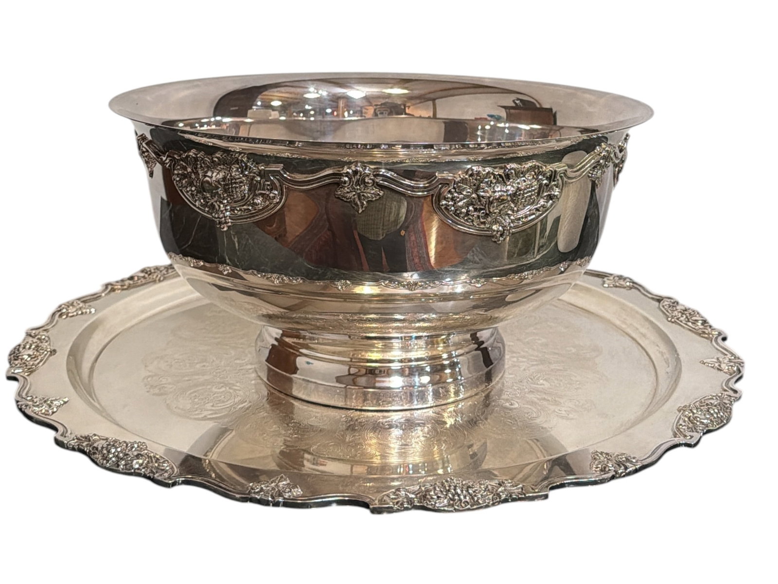 Vintage Silverplate Centerpiece Punch Bowl and Platter: The tray measures 21" diameter, the bowl measures 7.75" H x 15.25" diameter.
