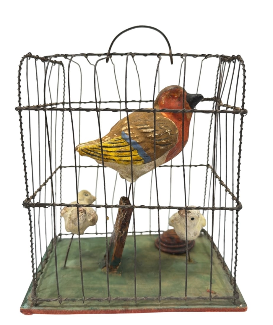 Victorian Folk Art Bird in Birdcage: Measures 6" H x 5.5" x 4" D.