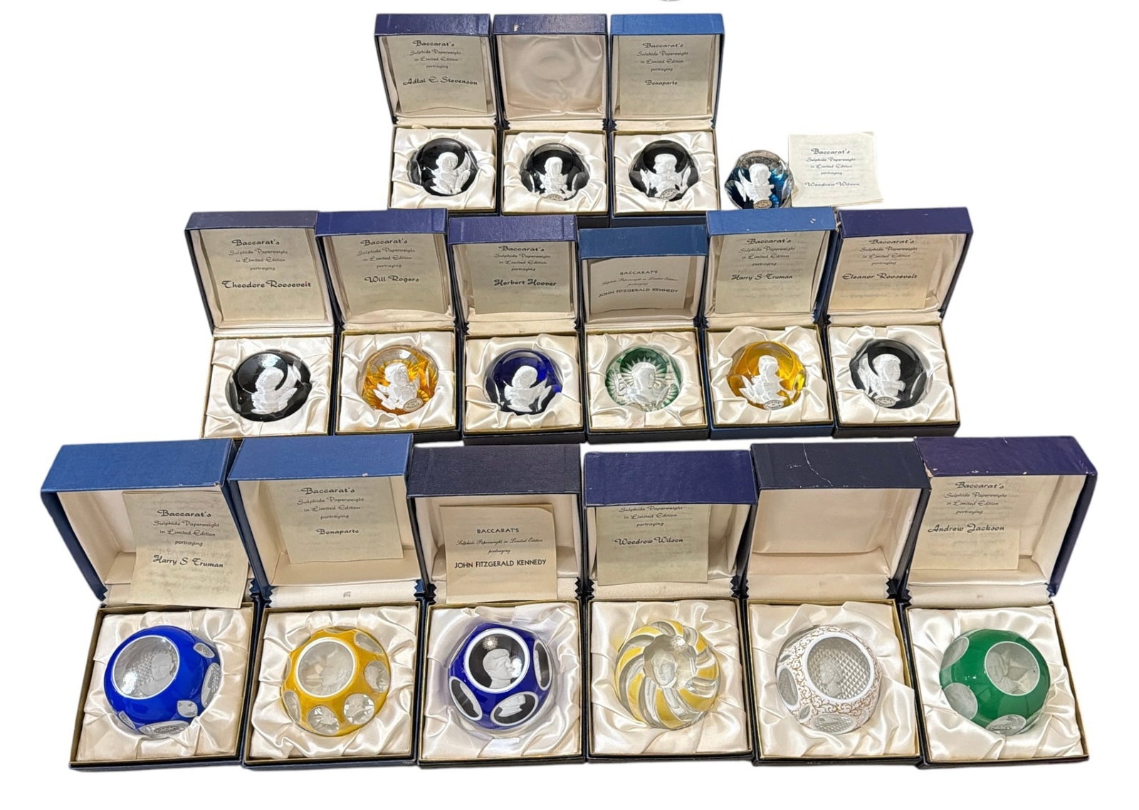 Collection Limited Edition BACCARAT Sulphide Cameo Paperweights: Each paperweight has historical and presidential cameo figures. All but one have original Baccarat boxes. Each box measures approx. 3" H x 5" W x 5"D. Includes Andrew Jackson, Harry S. Truman., John F