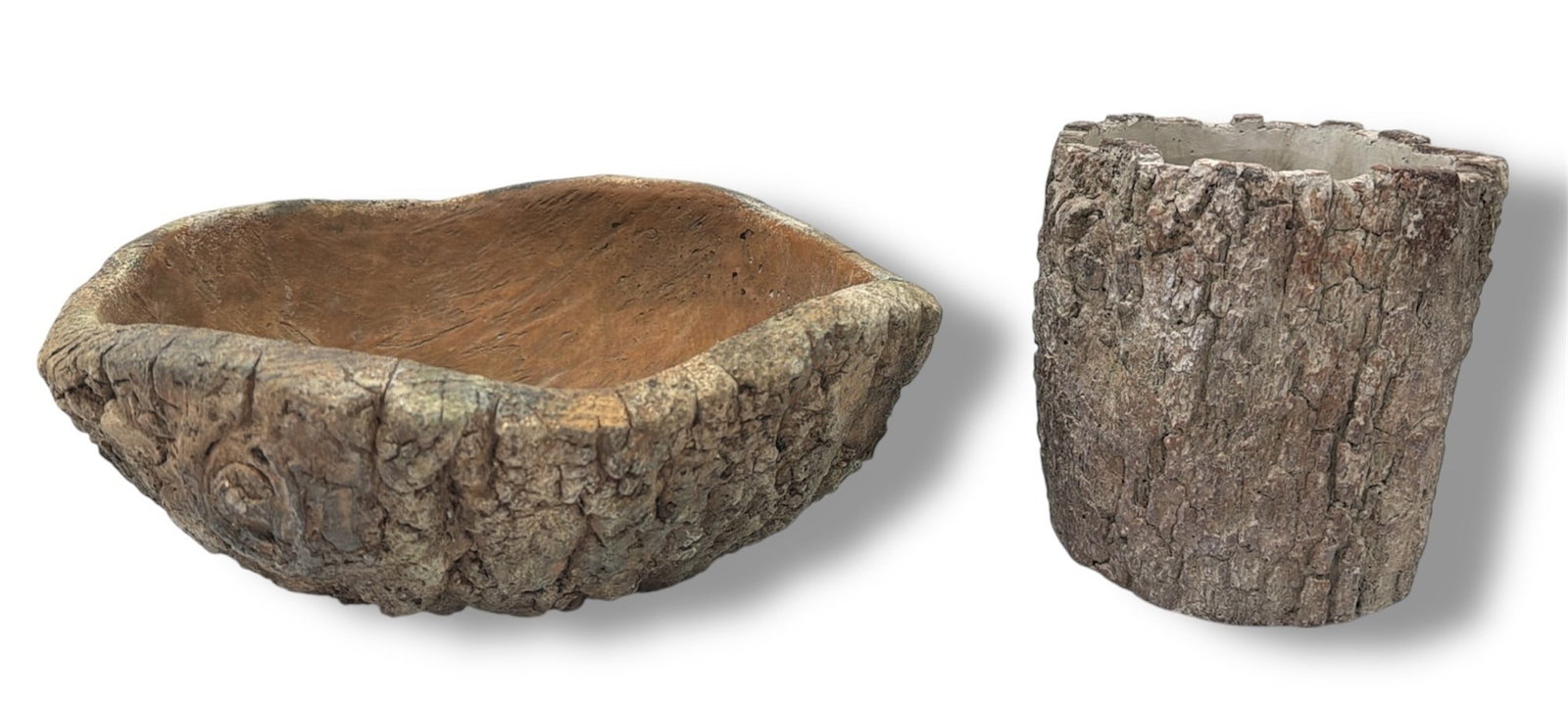 Two French Faux Bois Articles, Planter & Bowl: The bowl measures approx. 4.5" H x 12" diameter, the planter measures approx. 6" H x 5.5" diameter.