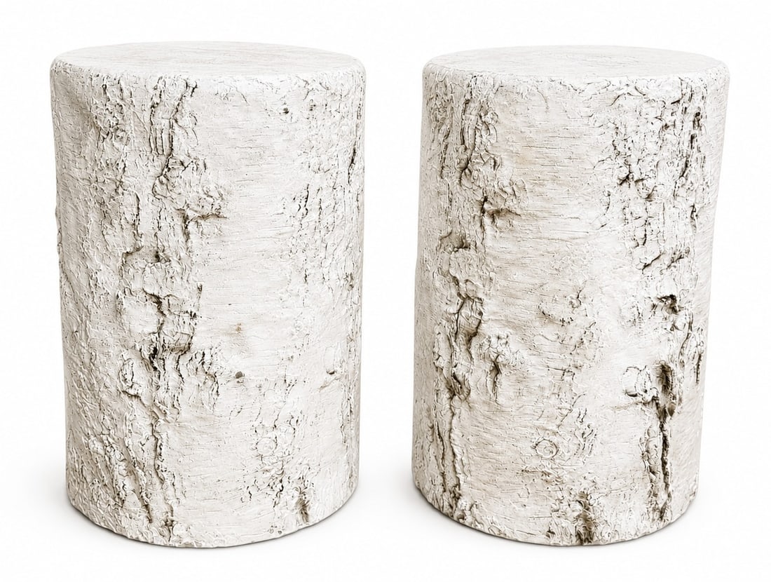 French Faux Bois Garden Stools, Pair: Each measures approx. 17" H x 11.5" diameter.